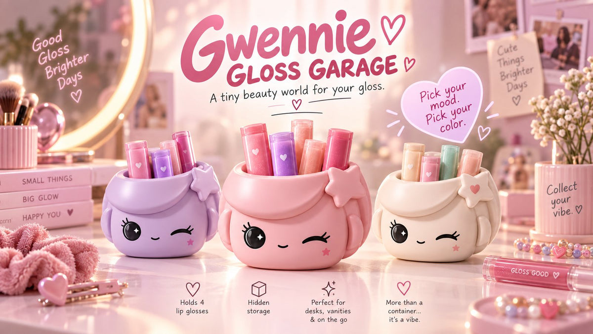 Gwennie Gloss Garage in Lilac, Blush, and Cream with lip glosses parked on top